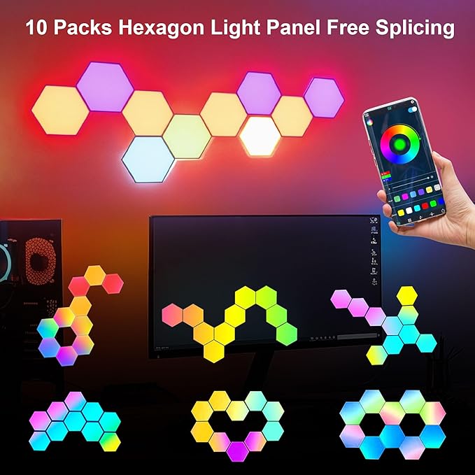 10Pcs RGB Hexagon Light Panels LED Wall Lights, Smart Modular Gaming Lights Creative Wall Lights with APP, Cool DIY Honeycomb Shape Panels Hexagon Lights with Music Sync for Indoor Decor