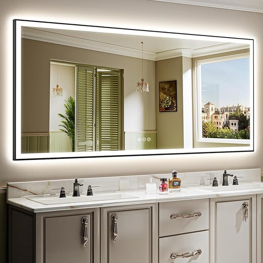 88x38 Inch LED Bathroom Mirror with Lights (Front Lit and Backlit) Black Framed Lighted Vanity Mirror for Bathroom Wall Dimmable Anti-Fog Memory Tempered Glass Horizontal/Vertical