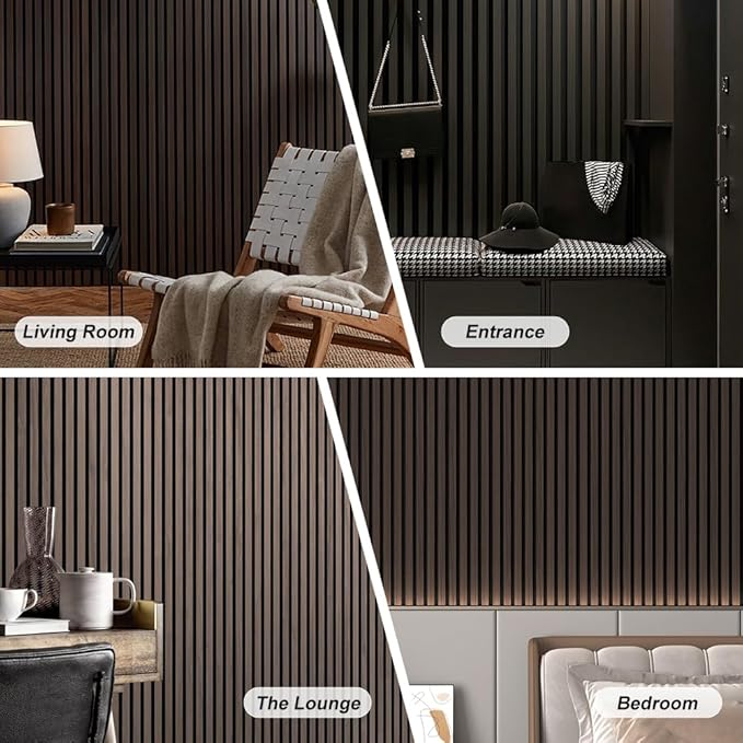 4PCS Acoustic Wood Slat Wall Panels for Wall Decor and Ceiling 3D Fluted Sound Absorbing Panel Soundproof with Wood Finish 108"×6" (Cherry Dark)