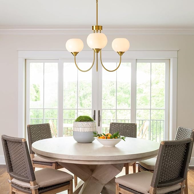 Modern Globe Chandelier 3 Light Mid Century White Milk Glass Vintage Sputnik Chandeliers Gold Pendant Light Fixtures for Dining Room Kitchen Living Room Bedroom