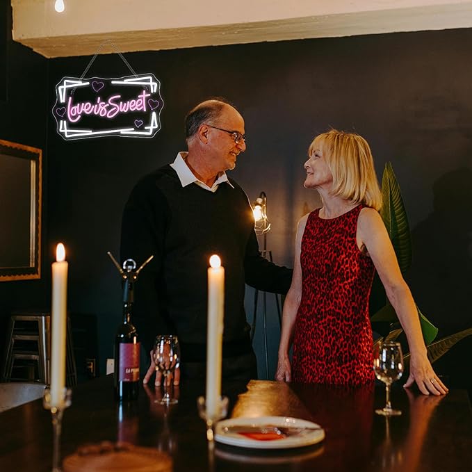 Lucunstar Love is Sweet Neon Sign,Led Light Sign for Wedding Decor Bridal Shower,USB Connectivity Led Sign with Dimming Switch for Home Wall Decor,Girls Decor,Party Room