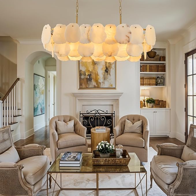 Alabaster Rectangle Chandelier for Dining Room, L39in Modern White Marble Chandeliers, Luxury Natural Spanish Brass Alabaster Chandelier Over Table for Kitchen Island Living Room Dining Table