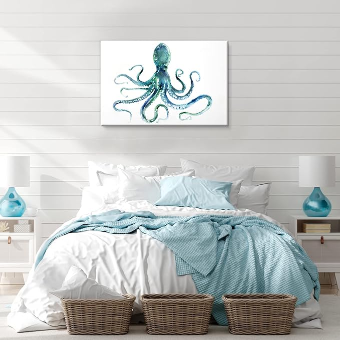 JAPO ART Blue Octopus Bathroom Decor Canvas Wall Art by Edward Selkirk Coastal wall decor Nautical Ocean Animal Watercolor Marine life Sea Pictures Framed Artwork Print on Canvas for Living Room