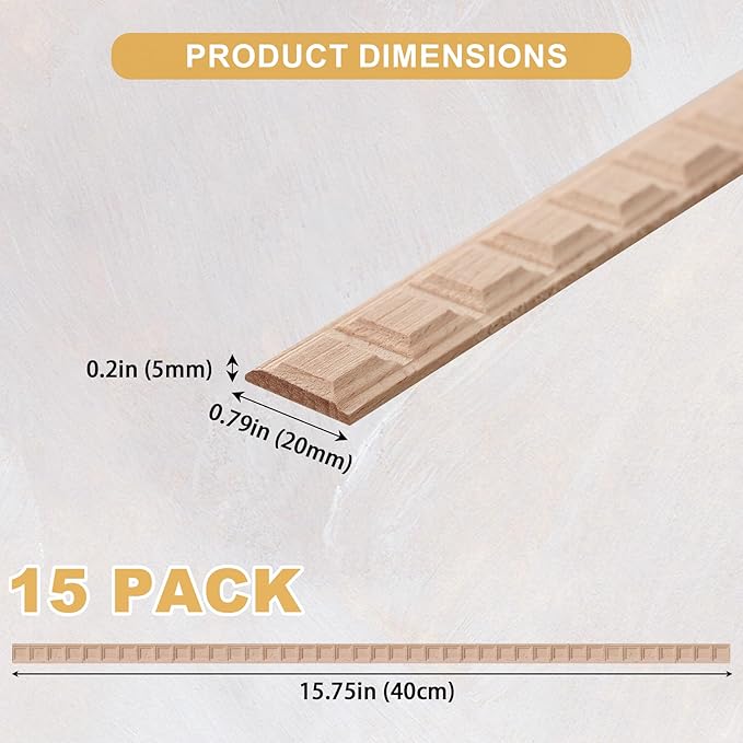 15-Pack 15.75" Unfinished Wood Fluted Rectangular Trim - Easy to Paint, Cute Decorative Molding DIY Craft for Furniture Frame, Mirror Edge, Wall, Door, Closet, Dresser, Shelf