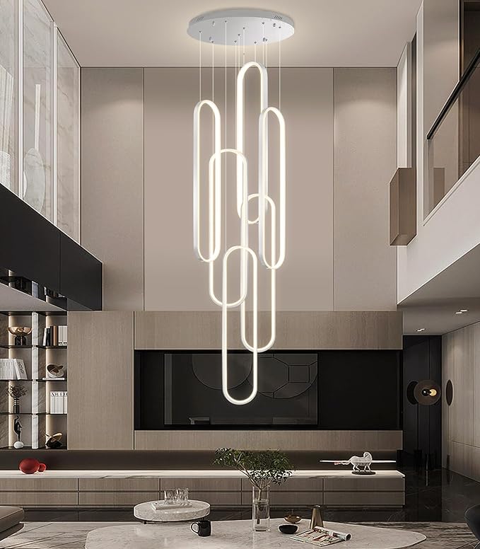 6 Rings Modern Chandelier LED Dimmable Pendant Lighting High Ceiling Chandelier for Entrance Foyer Lobby Staircaes Sliver 118''