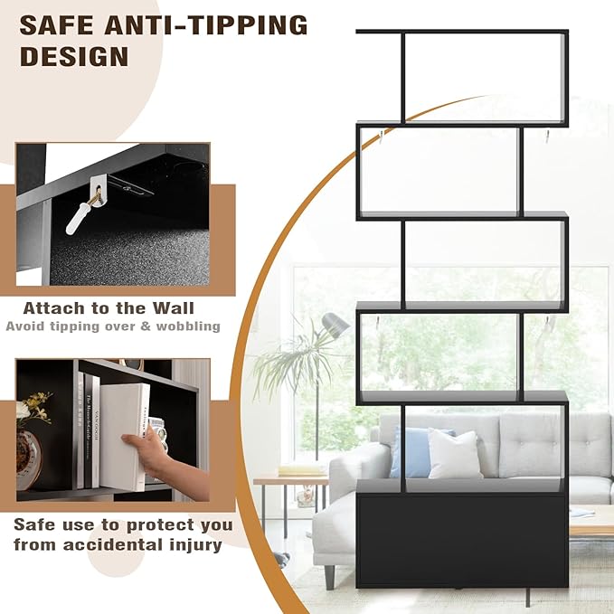 6-Tier Geometric Bookcase, 72” Freestanding Room Divider Bookshelf with Open Display Shelves & Multi-use Storage Cabinet, Wood S-Shaped Storage Organizer for Living Room, Bedroom & Home Office