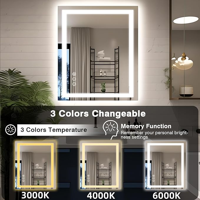 30"x36" LED Bathroom Mirror with Lights, Front and Backlit Mirror, Anti-Fog Vanity Mirror with Lights, Stepless Dimmable LED Mirror, 3 Colors Smart (Horizontal/Vertical)