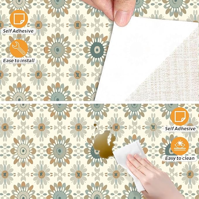 Nuxovilar Beige Floral Medallion Textured Peel and Stick Wallpaper, 15.75"x39.37", Self-Adhesive Contact Paper, Vintage Tile-Inspired Pattern for Bedroom, Living Room and Table Decor