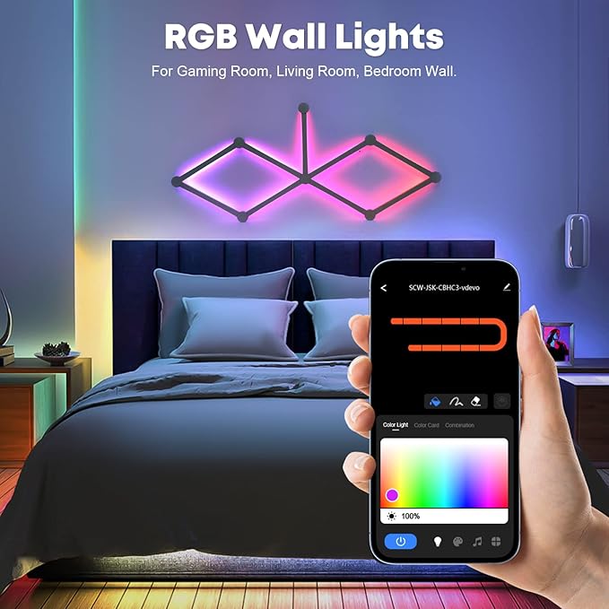 AGM Smart Wall Light Lines, 9 RGB LED PRO Light Bars, 16M+ Color, Music Sync, Dimmable WiFi Hexagon Light Lines for Bedroom, Living Room, Gaming, Party, Home Decor, Work with Alexa & Google Assistant
