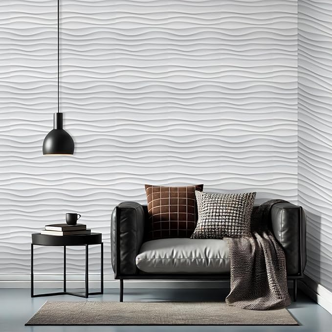 Chunful 30 Pcs 28.81 Sq ft 3D Wall Panels PVC Wave Design,11.8" x 11.8" Wall Panels Brick Wallpaper Waterproof for Interior Living Room Bedroom Decor(White)