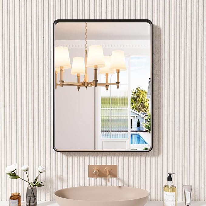 Black Bathroom Mirror 24X32 Inch, Black Metal Framed Mirror for Wall, Rounded Rectangle Matte Bathroom Vanity Mirror with Tempered Glass, Anti-Rust, Horizontal/Vertical