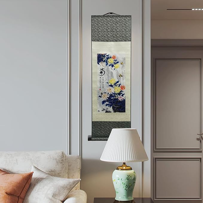 AtfArt Asian Wall Decor Beautiful Silk Scroll Painting 4 Righteous Men Flowers - Plum Orchid Bamboo Chrysanthemum Oriental Decor Chinese Art Wall Scroll Hanging Painting Scroll (Chrysanthemum)