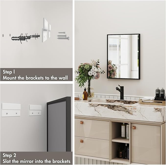 Bathroom Vanity Mirror for Over Sink Wall, Rectangle Farmhouse Mirror with Matte Black Metal Framed and HD Tempered Glass, Modern Square Mirror Hangs Horizontally or Vertically