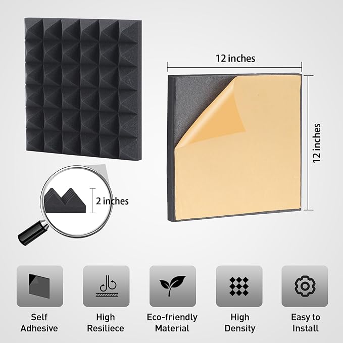 6 Pack Acoustic Panels, 12x12x2 Inch Acoustic Wall Panels Self Adhesive Soundproofing Panels with Strong Glue, High Density Acoustic Panels for Sound Absorption and Echo Control