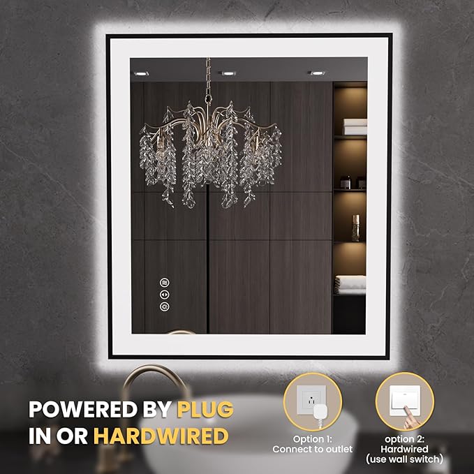 LOAAO 28"X32" LED Bathroom Mirror Black Framed, Anti-Fog, Dimmable, Lighted Bathroom Vanity Mirror for Wall, Memory Function, Tempered Glass