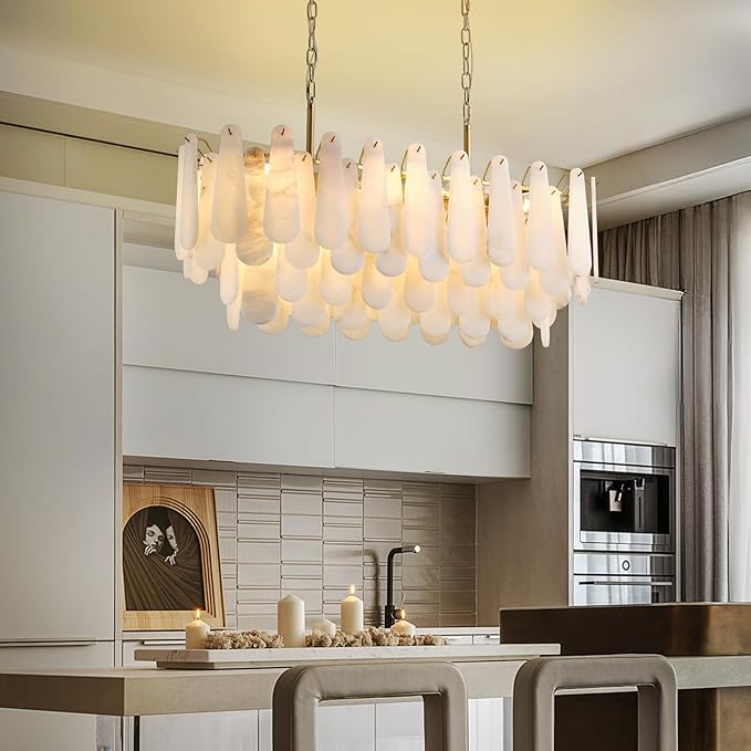 Chandeliers for Dining Room, L39.4in Modern Alabaster Rectangle Brass Chandelier, 4-Tiers Luxury Natural Stone Ceiling Light Fixture, White Marble Chandeliers for Kitchen Island Living Room