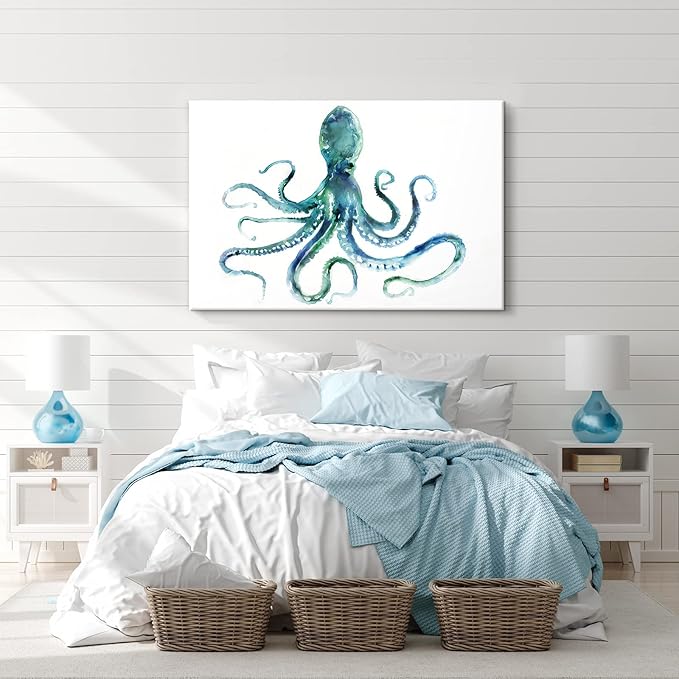 Blue Octopus Canvas Wall Art by Edward Selkirk Coastal Wall Decor Nautical Ocean Animal Watercolor Marine life Sea Picture Framed Large Size Artwork for Living Room Bedroom Home Decoration 48x32 Inch
