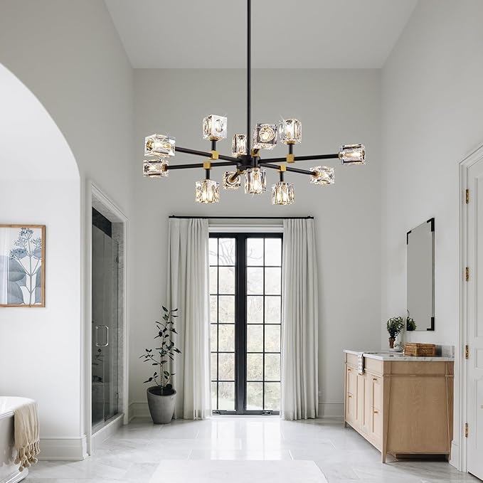 Black Crsytal Chandelier,Sputnik Chandeliers with 12-Lights,Modern Adjustable Height Semi Flush Mount Ceiling Light Fixture for Dining Room,Kitchen Island,Living Room,Bedroom