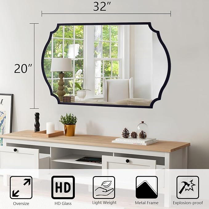 Chende Black Bathroom Mirror for Over Sink, 32'' x 20'' Arched Mirror with Scalloped Frame for Home Decor, Modern Decorative Wall Mirrors for Entryway, Living Room, Dining Room, Bedroom, Fireplace