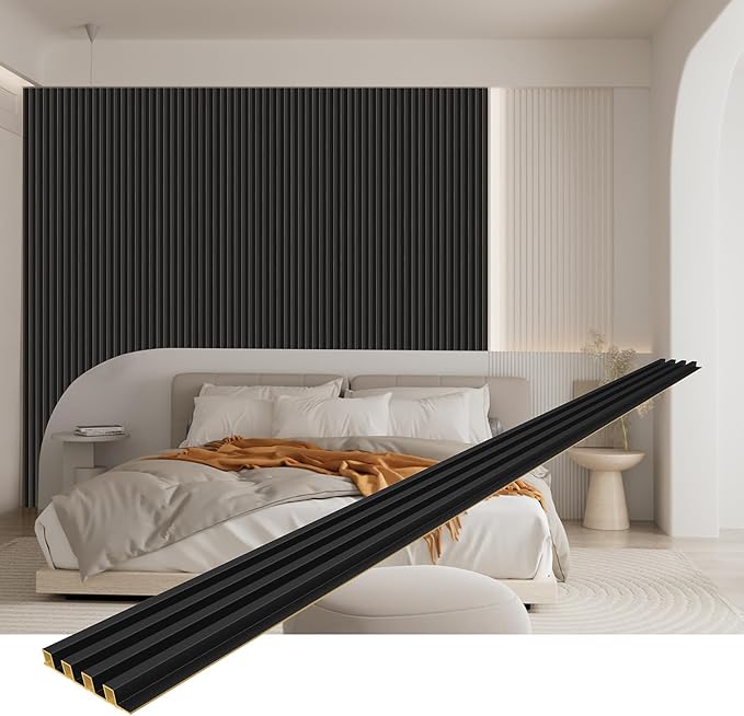 8-Pack WPC Slat Wall Panels, 96 x 6.6 in Decorative Acoustic Slats 3D Wall Panels, Water-Proof and Easy Installation, Black