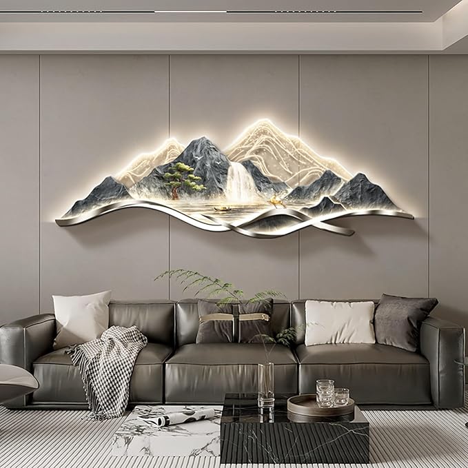 Large 3D Wall Art Decor ,Living Room Hanging Mural,Modern Wall Art, Handmade Wall Sculpture with Lighting Strip Oriental Decor, Traditional Chinese Welcoming Wall Hanging Painting Home Decor(F,120*40c