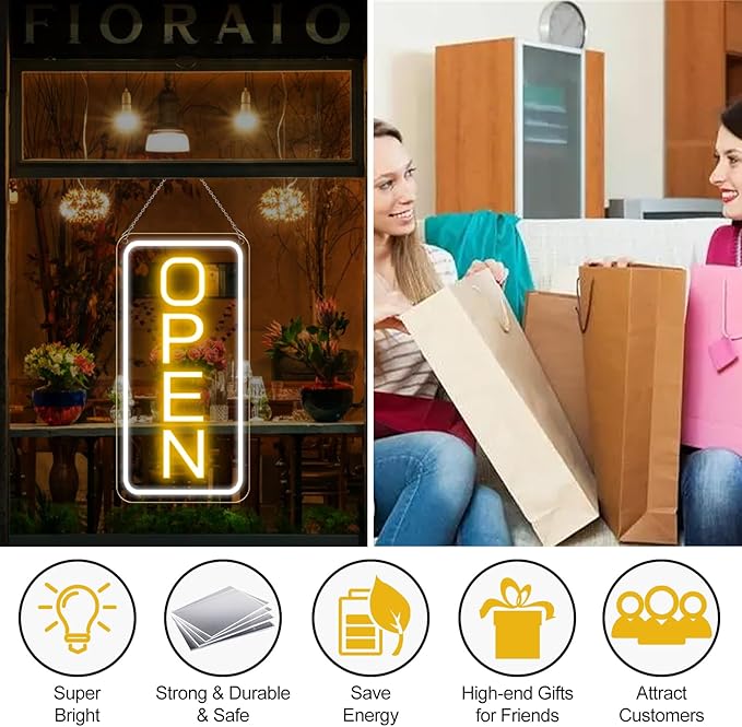 22.8"x 11.8" Ultra Bright 12V Neon Open Sign for Business, LED Open Neon Sign, Electric Light up Signs for Stores, Restaurants Offices Retail Shops Window (Yellow-White-Vertical)