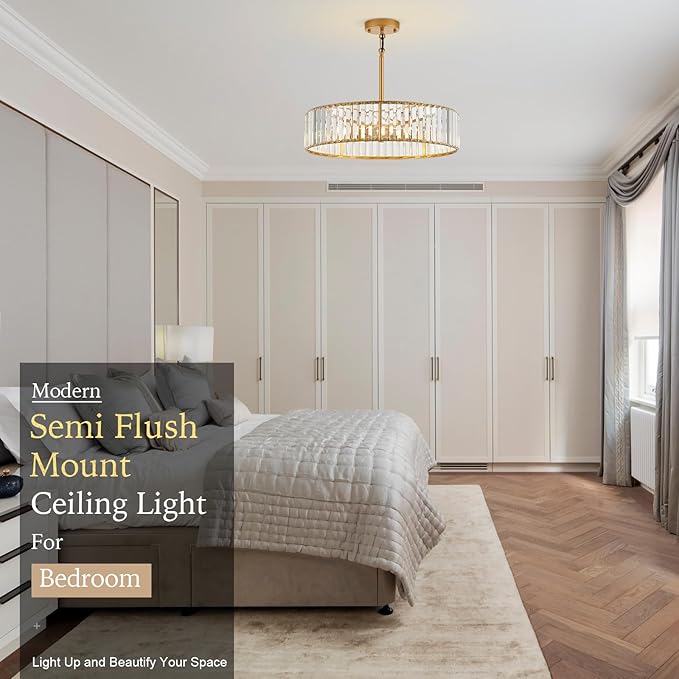 Modern Crystal Gold Chandelier for Dining Room,19.7 inch Semi Flush Mount Ceiling Dining Room Light Fixture with E12 Base*6,Round Pendant Lighting for Bedroom Hallway Bathroom Foyer Kitchen