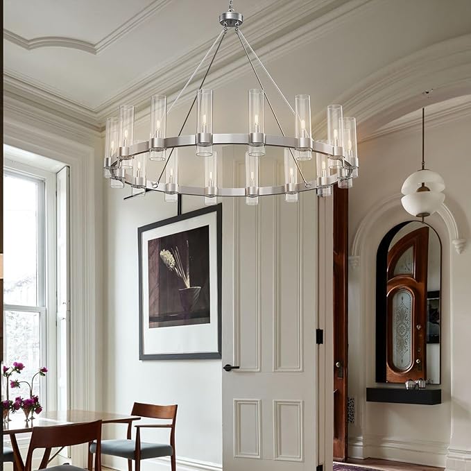 Modern Chandelier,Wagon 16-Lights Wheel Chandelier with Glass Shade, Nickel 48 Inch Large Round Industrial High Ceilings Pendant Lighting Fixture for Dining Room, Living Room, Foyer