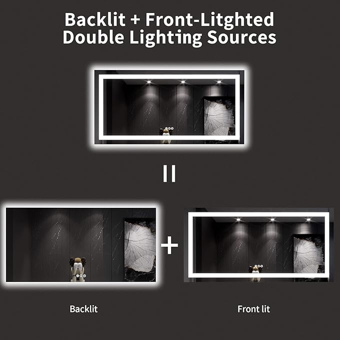 LOAAO 60X30 LED Bathroom Mirror with Lights, Anti-Fog, Dimmable, Backlit + Front Lit, Lighted Bathroom Vanity Mirror for Wall, Memory Function, Tempered Glass, ETL Listed