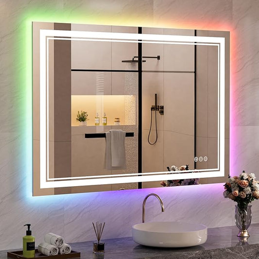 44x32 inch LED Bathroom Mirror with RGB Lights, Color Changing Backlit Mirror, Shatterproof, Dimmable Anti-Fog, Lighted Vanity Mirror (RGB Multicolor Backlit + Adjustable Front-Lighted)