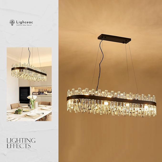 39" Modern Black Rectangle Crystal Chandelier Light Fixtures for Kitchen Island Luxury Linear Crystal Chandeliers for Dining Room 16-Light Long Hanging Pendant Lighting for Entryway Foyer Bar