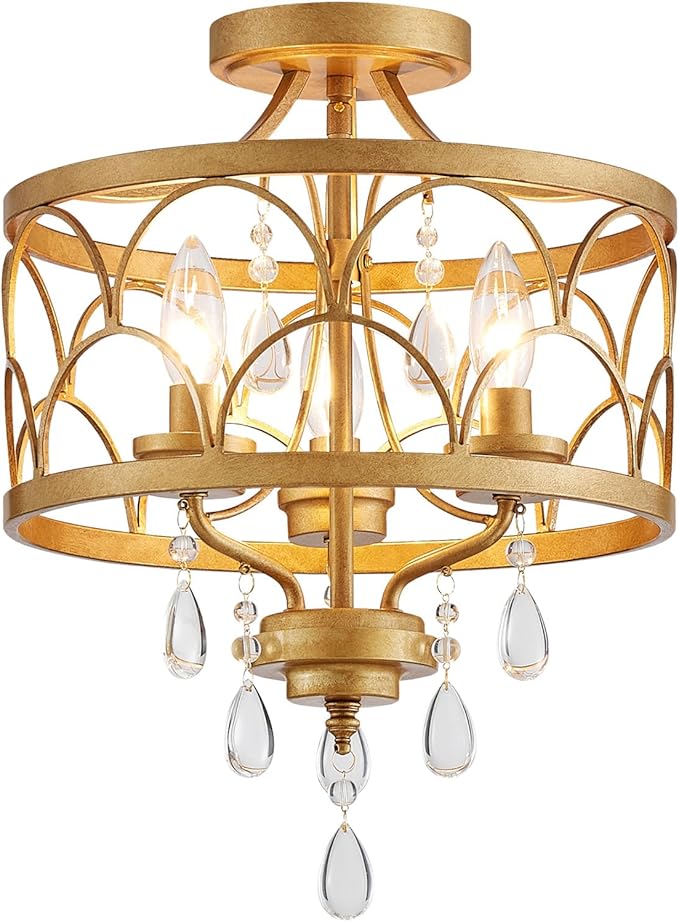 Crystal Ceiling Light Fixture, Modern Small Chandelier Light Fixture, Farmhouse Gold Semi Flush Mount Ceiling Light, Round Hallway Lighting Fixtures for Bedroom Entryway Closet Dining Room Living Room