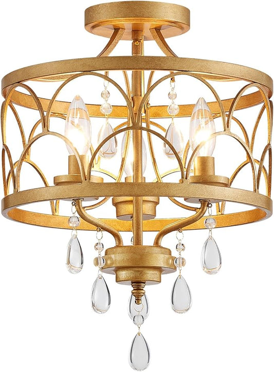 Crystal Ceiling Light Fixture, Modern Small Chandelier Light Fixture, Farmhouse Gold Semi Flush Mount Ceiling Light, Round Hallway Lighting Fixtures for Bedroom Entryway Closet Dining Room Living Room