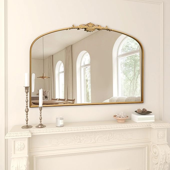 Antique Arched Large Mirror: 48"x33" Oversize Gleaming Gold Vintage Wall Mounted Mirror - Baroque Traditional Ornate for Fireplace/Bathroom/Hallway - Home Decor for Housewife