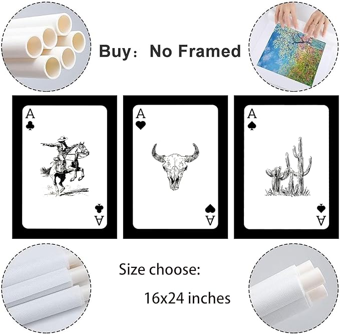 3Pcs Western Cowboy Wall Art Rustic Southwestern Style Poster Printing Vintage Western Poker Ace Paintings Cowboy Horse Bull Skull Cactus Pictures for Bedroom Living Room Bathroom 16x24in Unframed