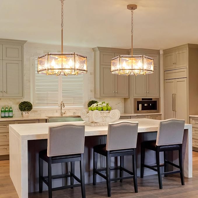 6-Light Gold Glass Chandelier, 18.7" Modern Textured Glass Drum Chandelier for Dining Room, Luxury Crystal Round Hanging Light Fixture for Kitchen Living Room Hallway Bedroom