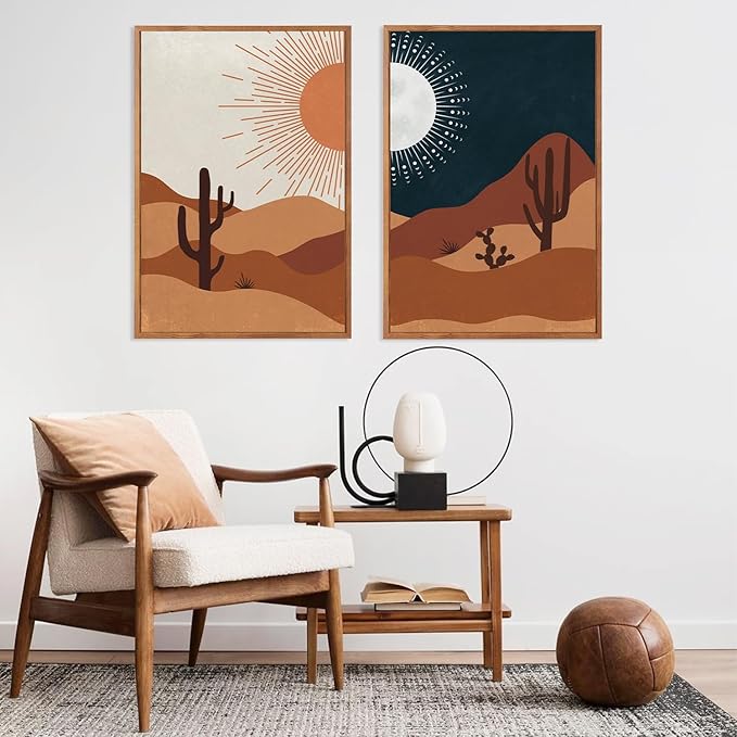 LHIUEM Boho Desert Framed Canvas Wall Art,Abstract Sun Moon Wall Decor,Modern Cactus Landscape Painting,Mid Century Southwestern Artwork for Living Room,Bedroom,Dining Room -16"x24"x3