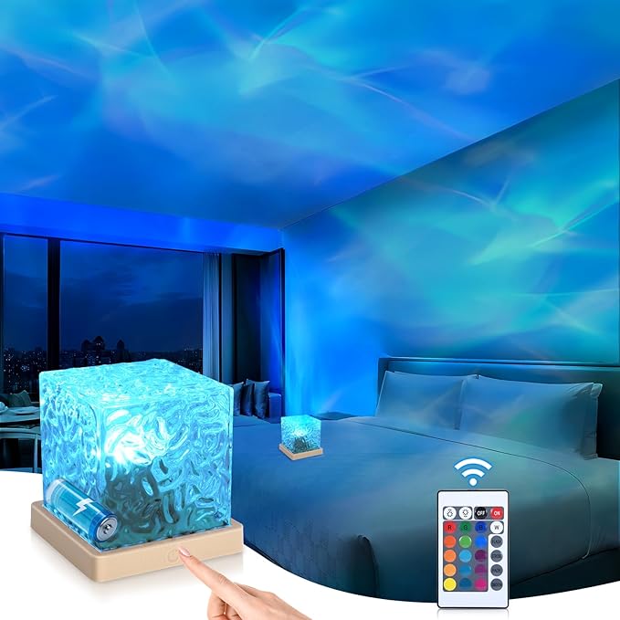 Ocean Wave Projector Light, Cordless Rechargeable,16 Colors 4 Modes Water Ripple Lamp with Touch & Remote Control for Bedroom, Northern Lights Cube Night Light for Room Decor and Mood Lighting