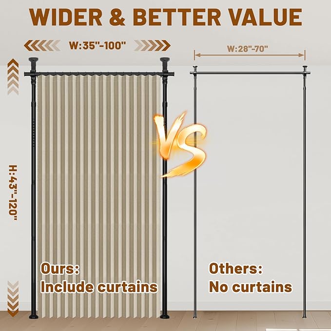 AJAZZ Room Divider Curtain (Beige, W100 x L96 in, 1 Panel)+ Curtain Rods No Drilling Adjustable Tension (H) 43-120×(W) 35-100 in, Heavy Duty Wall Divider for Apartment/Dorm