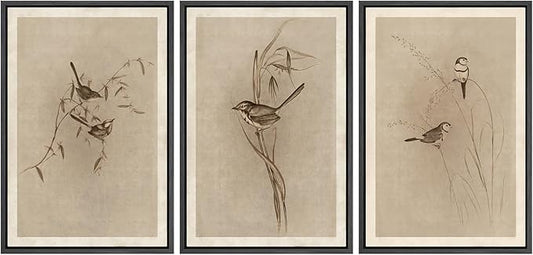 MUDECOR Framed Wall Art Print Set Vintage Bird Wheat Ear Illustrations Modern Art Boho Decorative Colorful Chic for Living Room, Bedroom, Office - 16"x24"x3 Black