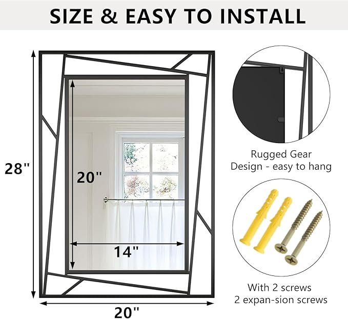 Black Bathroom Mirror for Wall 28''X20'' Matte Black Rectangle Wall Mirror with Geometric Metal Frame, Anti-Rust, Hang Horizontally or Vertically