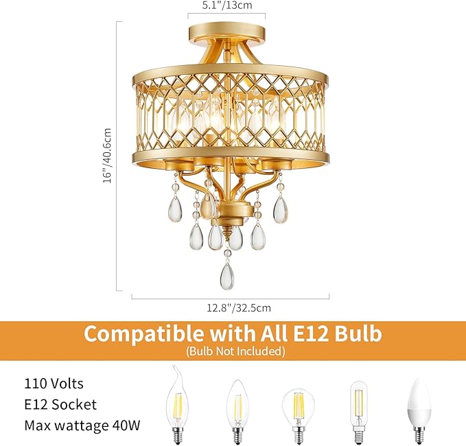 Crystal Ceiling Light Fixture, Farmhouse Semi Flush Mount Ceiling Light, Gold Crystal Chandeliers for Dining Room Light Fixture, Hallway Lighting Fixtures for Kitchen Bedroom Bathroom Foyer Entryway
