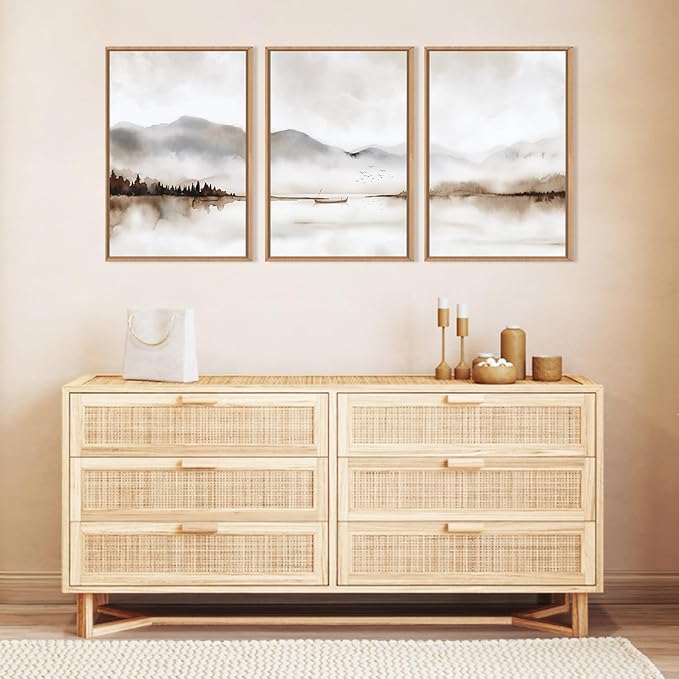 Neutral Abstract Mountain Framed Canvas Print Wall Art Set,Watercolor Beige and Gray Calming Landscape Wall Decor,Modern Minimalist Nature Artwork for Living Room,Bedroom-24 x36 x3