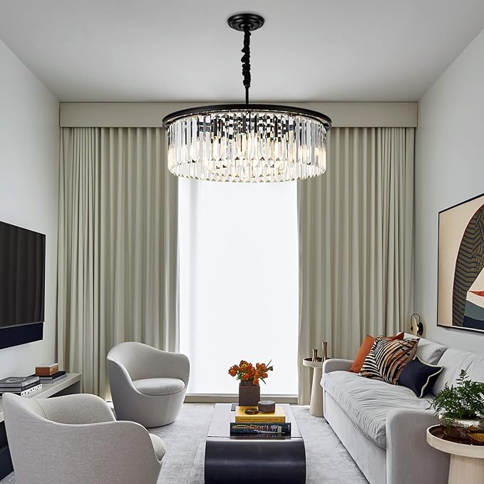 23" 8-Light Modern Crystal Chandelier Light Fixtures 2 Rings Black Luxury Chandeliers for Dining Room Round Hanging Pendant Lighting for Living Room Kitchen Entryway Bedroom