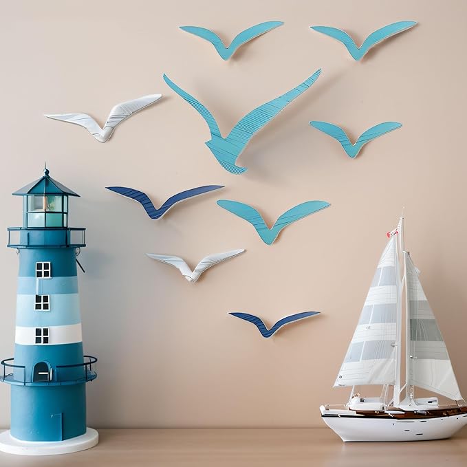 11 PCS Wooden Seagull Wall Art Beach Decor, Wood Sea Gull Ocean Coastal Decor for Wall, Adhesive Nautical Decor Sculpture Vintage Ornaments For Home Bathroom (Blue)