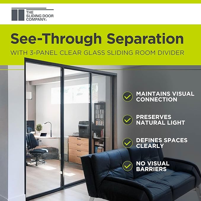 3-Panel Clear Glass Sliding Room Divider - Tempered Glass Wall Separator Screen for Office, Home, Workstation, Cubicle, Desk - Commercial & Residential Partition - 90" W x 80" H, Black Frame