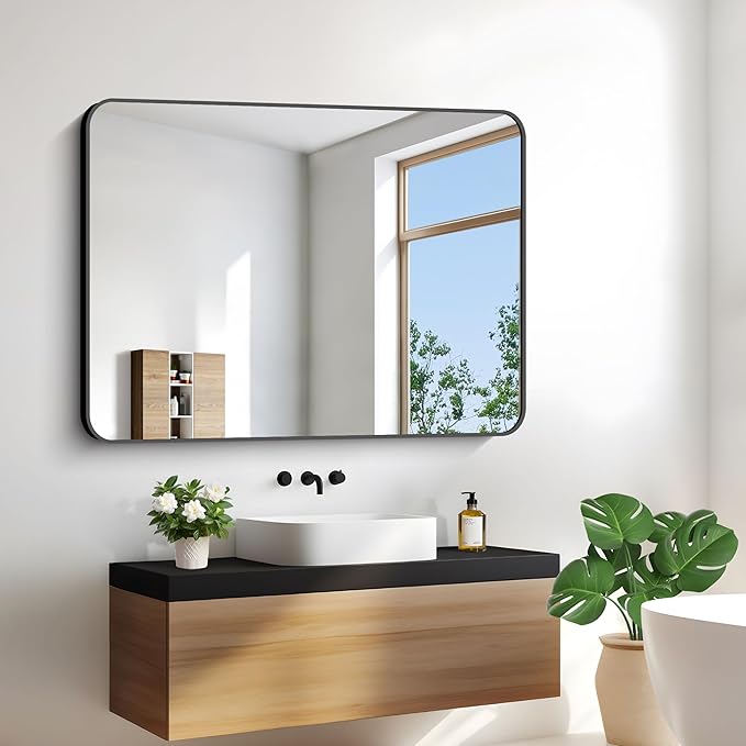 BONEWEI 30x40 inch Bathroom Mirror,Black Rectangle Mirror,Wall Mounted Bathroom Frame Vanity Mirror with Round Corner for Bedroom Living Room, Entryway Hangs Horizontal or Vertical
