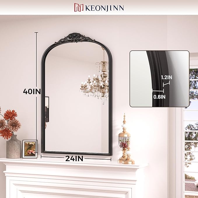 Keonjinn Antique Arched Mirror - 24" x 36", Black Vintage Wall Mirror with Metal Frame, Baroque Arch Design, Decorative for Mantle, Bathroom, Living Room, Hallway, Fireplace