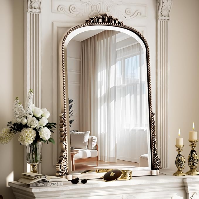 40x28 Beaded Arched Mirror, Bathroom Mirror for Over Sink, Metal Frame Wall Decor for Entryway, Bedroom, Living Room, Silver