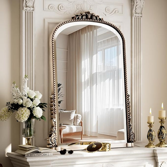 40x28 Beaded Arched Mirror, Bathroom Mirror for Over Sink, Metal Frame Wall Decor for Entryway, Bedroom, Living Room, Silver